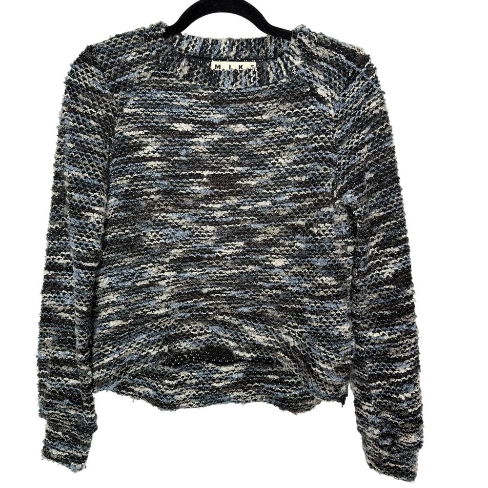 Mike Gonzalez XS Blue Black Marled Chunky Knit Boxy Puff Sleeve Sweater Crew